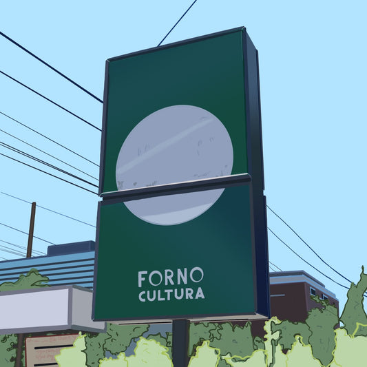 Digital illustration depicting the graphic sign of an Italian bakery in Toronto, Forno Cultura. 