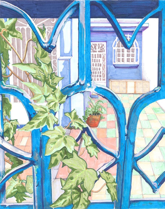 Hand drawn illustration depicting Ivy over an iron gate. We see through the gate to a magical courtyard.