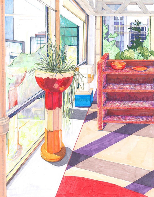 Hand drawn illustration depicting quarky furniture and plants. On the walls are two windows depicting the skyline.