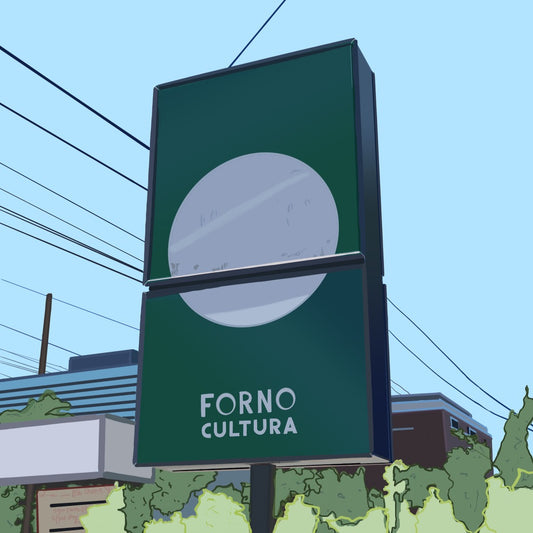 Digital illustration depicting the graphic sign of an Italian bakery in Toronto, Forno Cultura.